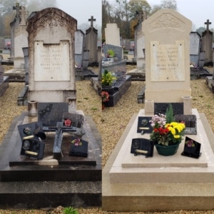 Deux tombes voisines dans un cimetière, devant des monuments funéraires gravés et décorés de fleurs. modification concession funéraire possible.