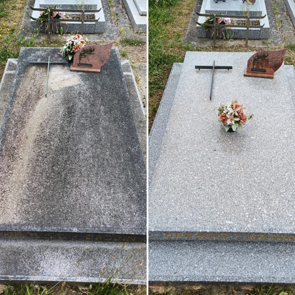 Deux vues d’une tombe avant/après nettoyage: dalle gravée et fleurs fanées remplacées par bouquet frais; vitre d’angle et plaque funéraire visibles. Altération et entretien sans déplacement.
