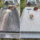 Deux vues d’une tombe avant/après nettoyage: dalle gravée et fleurs fanées remplacées par bouquet frais; vitre d’angle et plaque funéraire visibles. Altération et entretien sans déplacement.