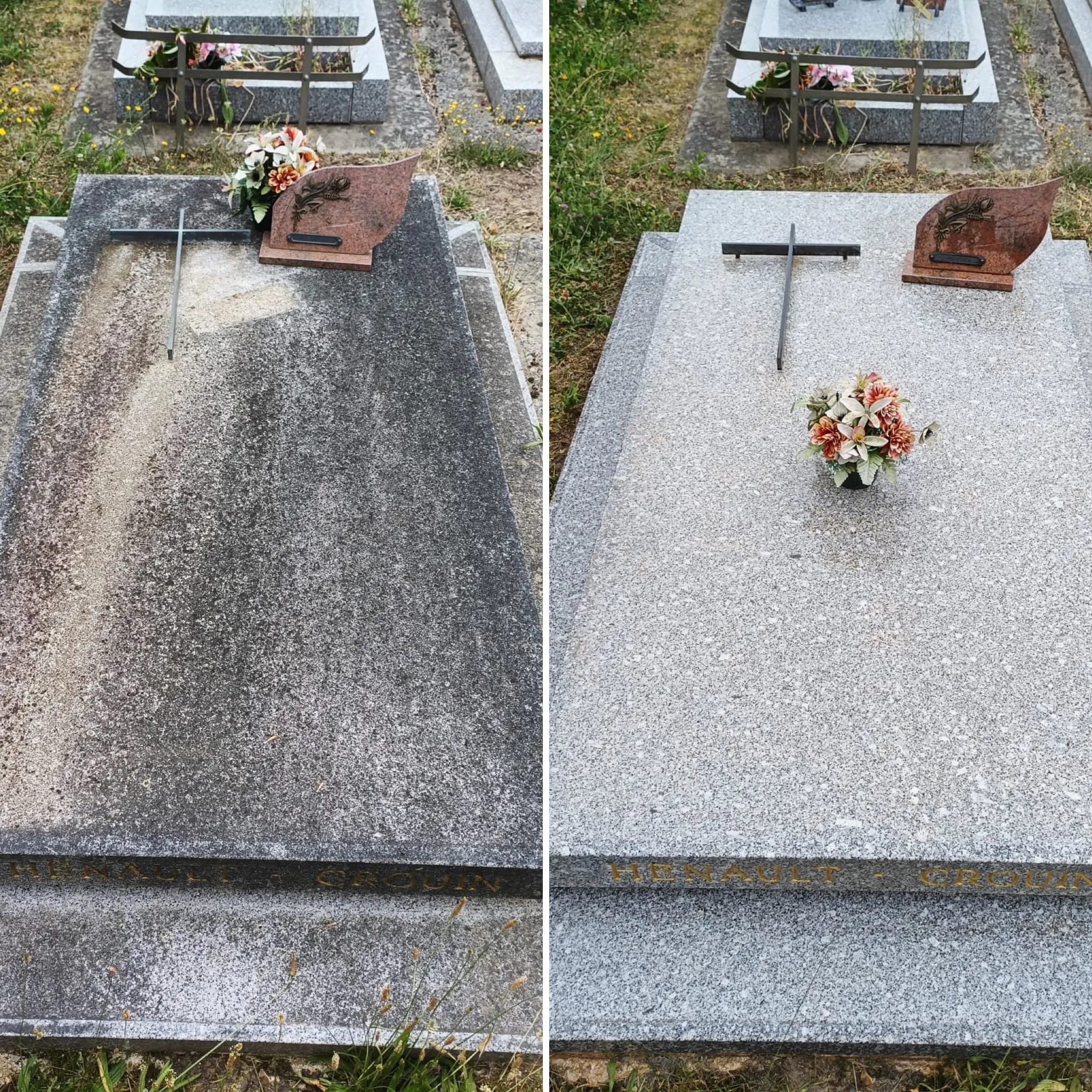 Deux vues d’une tombe avant/après nettoyage: dalle gravée et fleurs fanées remplacées par bouquet frais; vitre d’angle et plaque funéraire visibles. Altération et entretien sans déplacement.