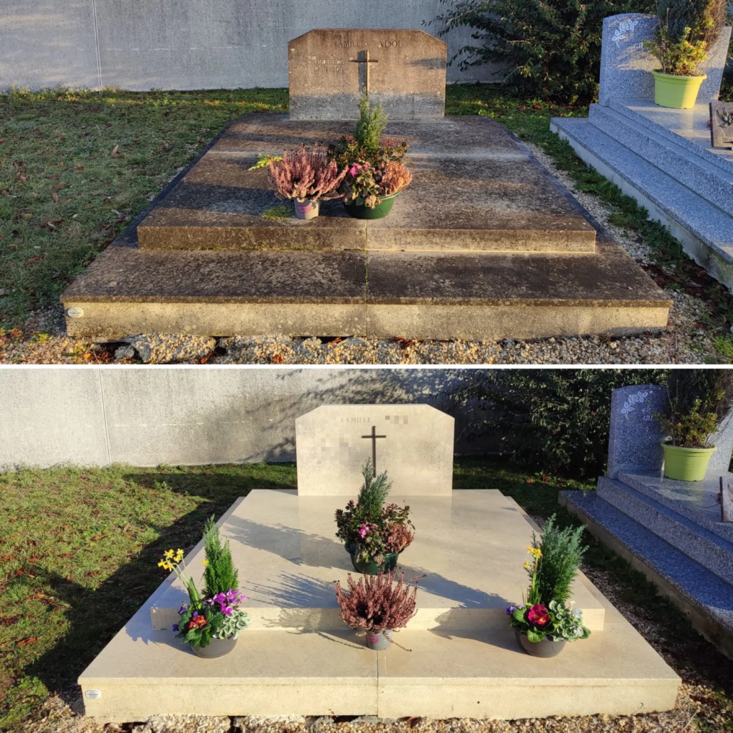Entrée de tombe avant/après nettoyage et fleurissement, présentant une tombe rectangulaire avec croix et ardoise, décorée de pots de fleurs et verdure. entretien tombe traditions religieuses.