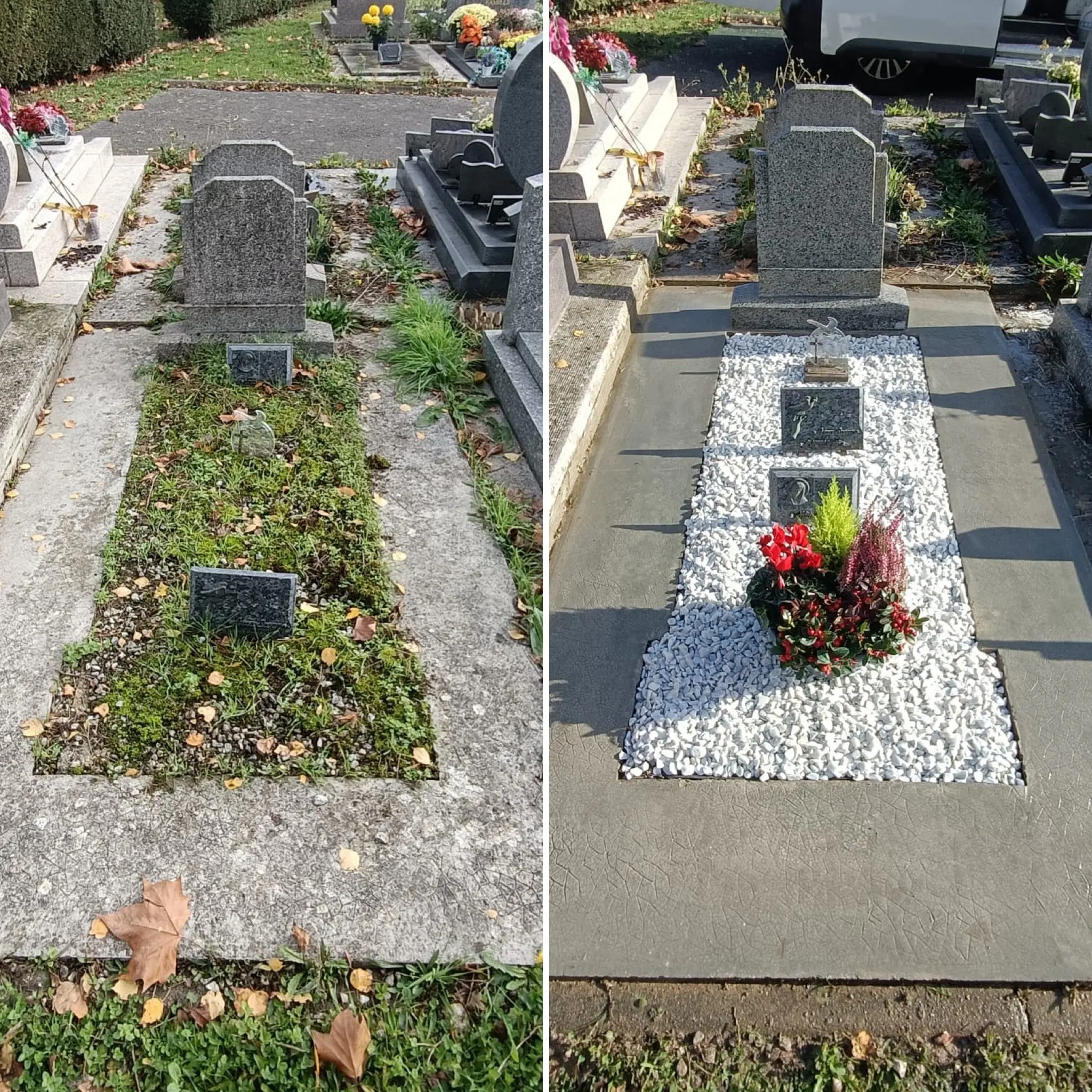 Entretien de sépulture: avant/après nettoyage et fleurissement sur une tombe, avec gravure et pierres grasses. Remise en état du pourtour et plantation de plantes, décor floral rouge au centre. Jardin sec et couverture minimize autour de la tombe. Entretien de sépulture: avant/après nettoyage et fleurissement sur une tombe, avec gravure et pierres grasses. Remise en état du pourtour et plantation de plantes, décor floral rouge au centre. Jardin sec et couverture minimize autour de la tombe.