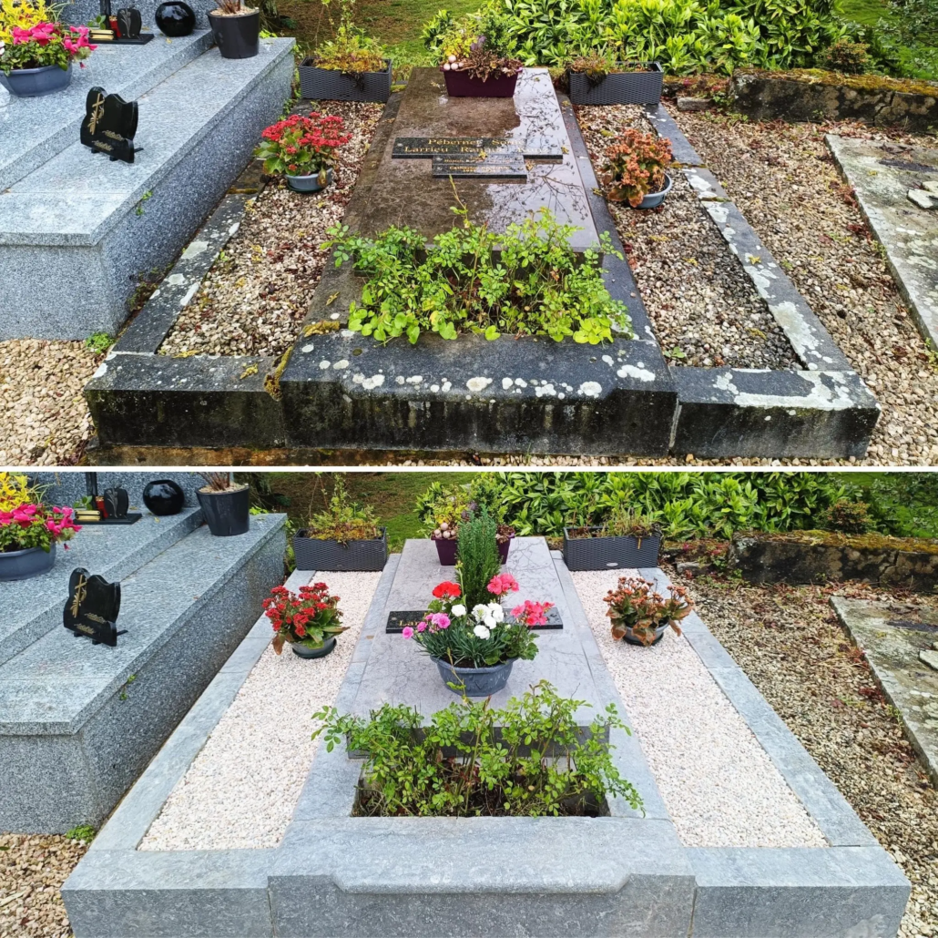 Entretien de tombe avant/après avec fleurs et plantes saisonnières sur une dalle en granit, gravier et pots fleuris sur une tombe du cimetière.