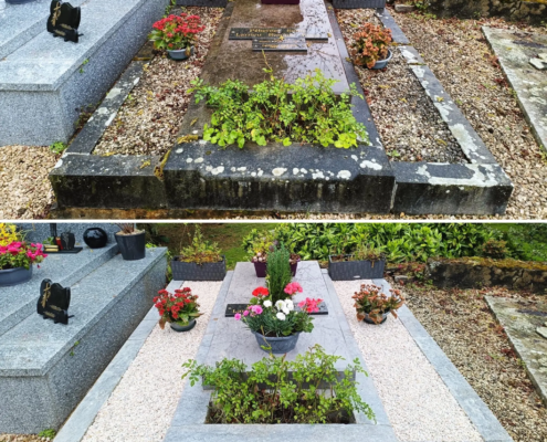 Entretien de tombe avant/après avec fleurs et plantes saisonnières sur une dalle en granit, gravier et pots fleuris sur une tombe du cimetière.