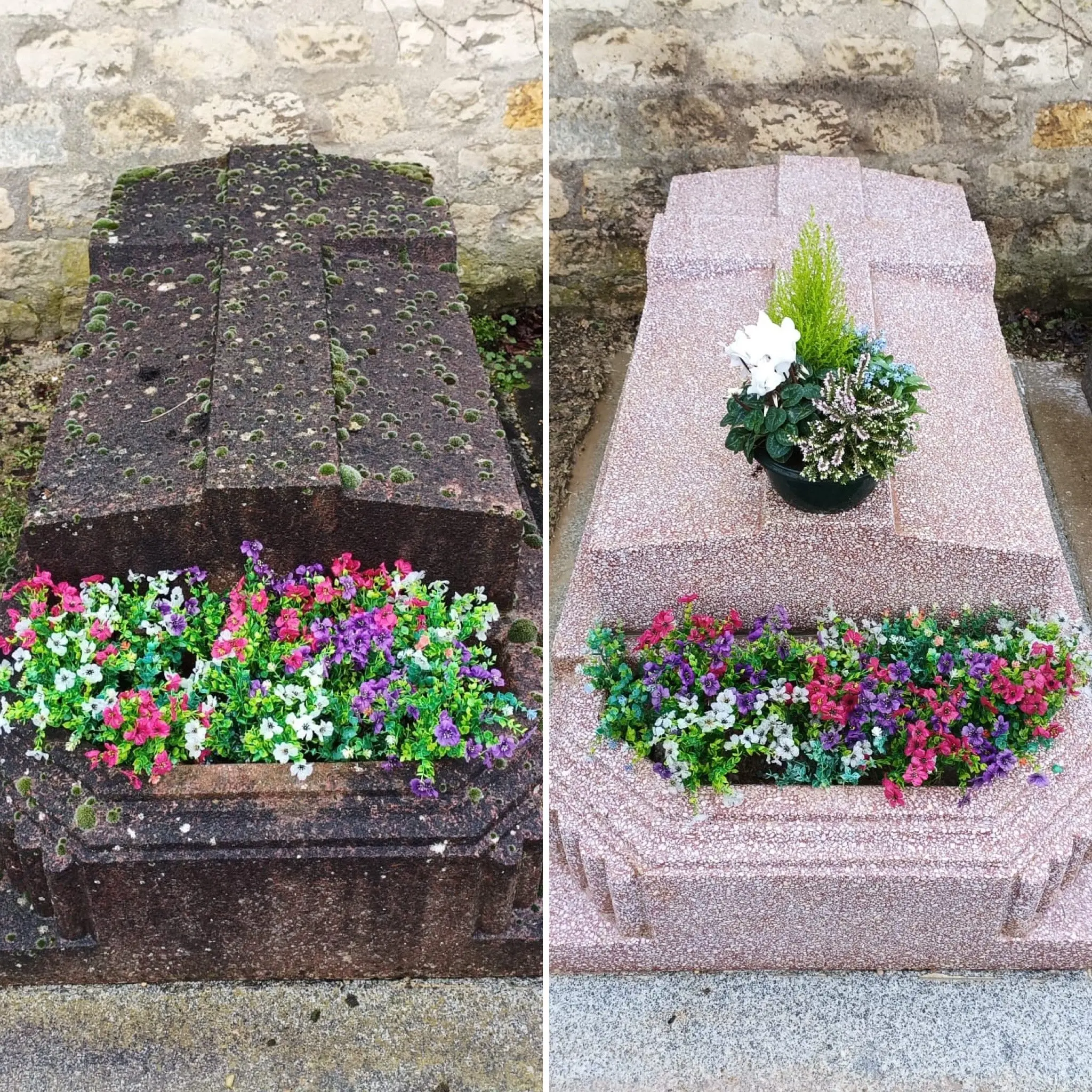 Tombe ancienne nettoyée et fleurie: avant (à gauche) couverture de mousse et fleurs sauvages sur pierre sombre; après (à droite) tombe agrémentée de fleurs variées et motif rose clair, vase de plantes au sommet. Tombe ancienne nettoyée et fleurie: avant (à gauche) couverture de mousse et fleurs sauvages sur pierre sombre; après (à droite) tombe agrémentée de fleurs variées et motif rose clair, vase de plantes au sommet.