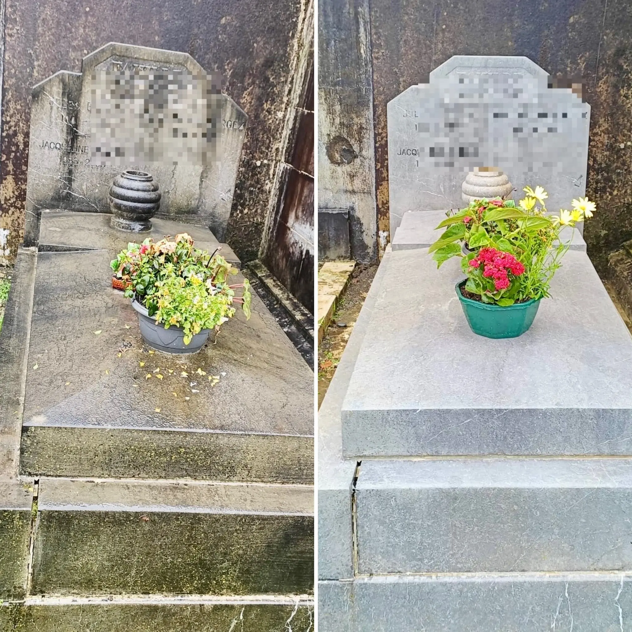 Tombe avant/après entretien: vasque et pot de fleurs frais sur le socle en pierre; fleurs jaunes et rouges dans un pot vert, contraste avec le mausolée rénové. Tombe avant/après entretien: vasque et pot de fleurs frais sur le socle en pierre; fleurs jaunes et rouges dans un pot vert, contraste avec le mausolée rénové.