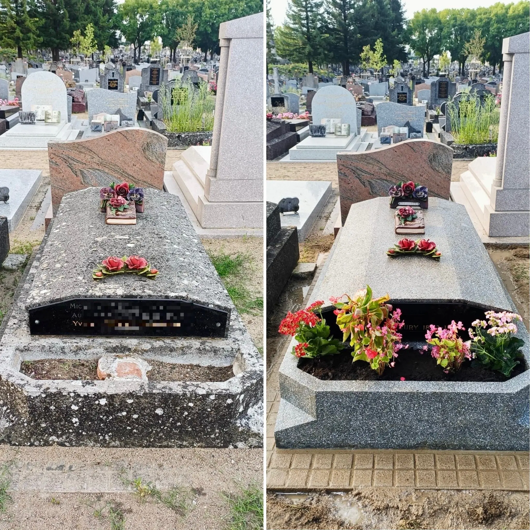 Tombe avant/après nettoyage et fleurissement: jardinières et fleurs fraîches posées sur la stèle, parterres fleuris et entretien visible dans un cimetière avec pierres tombales. Tombe avant/après nettoyage et fleurissement: jardinières et fleurs fraîches posées sur la stèle, parterres fleuris et entretien visible dans un cimetière avec pierres tombales.