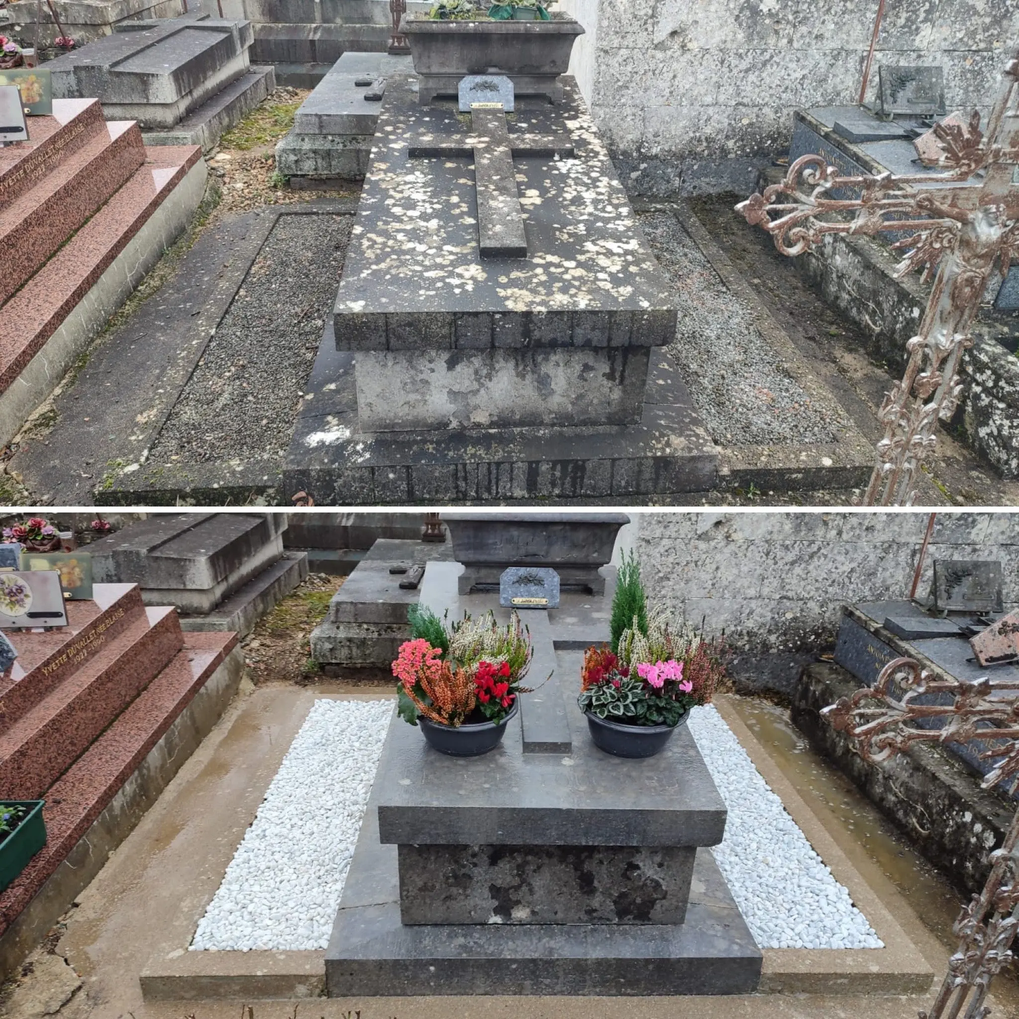 Tombe restaurée: avant et après nettoyage et fleurissement. Base et dalle dégagées; pots de fleurs colorées ajoutés sur le socle, avec gravats et gravures autour. Tombe restaurée: avant et après nettoyage et fleurissement. Base et dalle dégagées; pots de fleurs colorées ajoutés sur le socle, avec gravats et gravures autour.