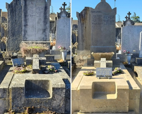 Tombeau de cimetière avant/après nettoyage et fleurissement; pierres tombales grisées, urne et fleurs fraîches en pot, pas de sous-traitance.