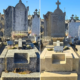 Tombeau de cimetière avant/après nettoyage et fleurissement; pierres tombales grisées, urne et fleurs fraîches en pot, pas de sous-traitance.