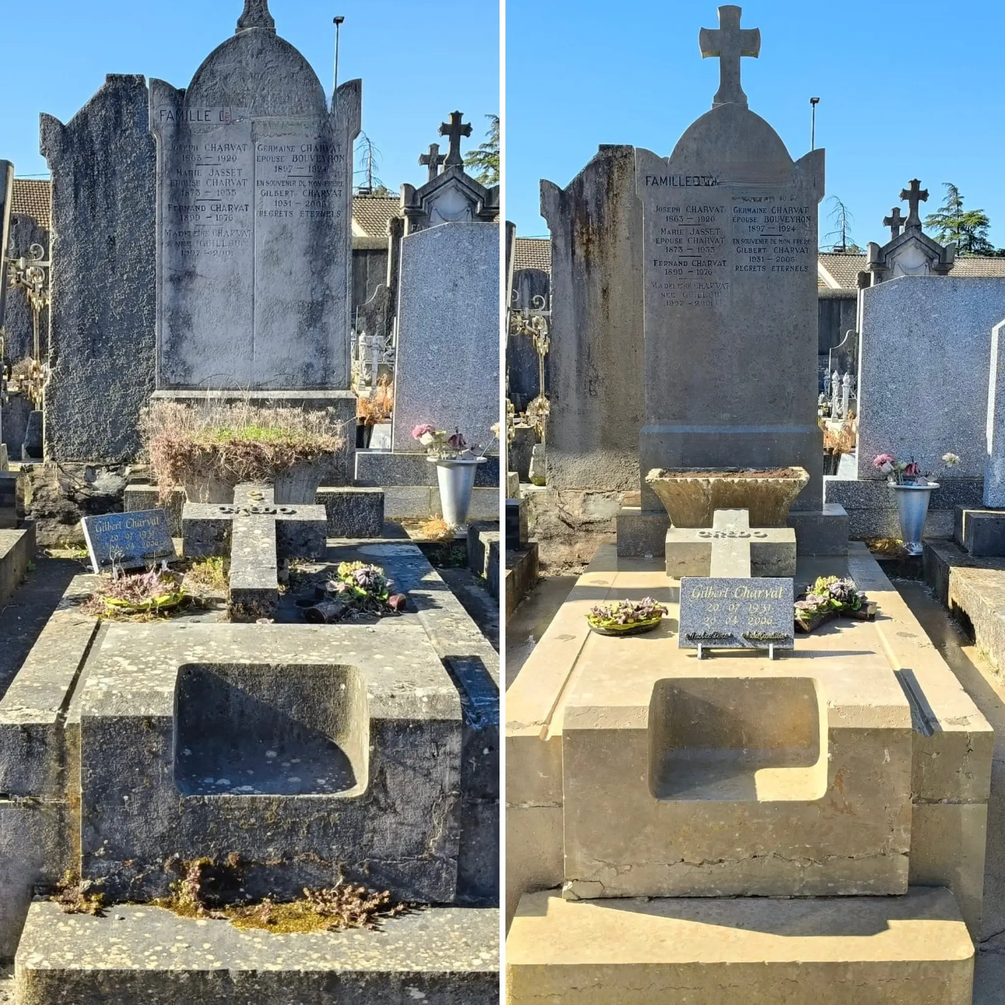 Tombeau de cimetière avant/après nettoyage et fleurissement; pierres tombales grisées, urne et fleurs fraîches en pot, pas de sous-traitance. Tombeau de cimetière avant/après nettoyage et fleurissement; pierres tombales grisées, urne et fleurs fraîches en pot, pas de sous-traitance.