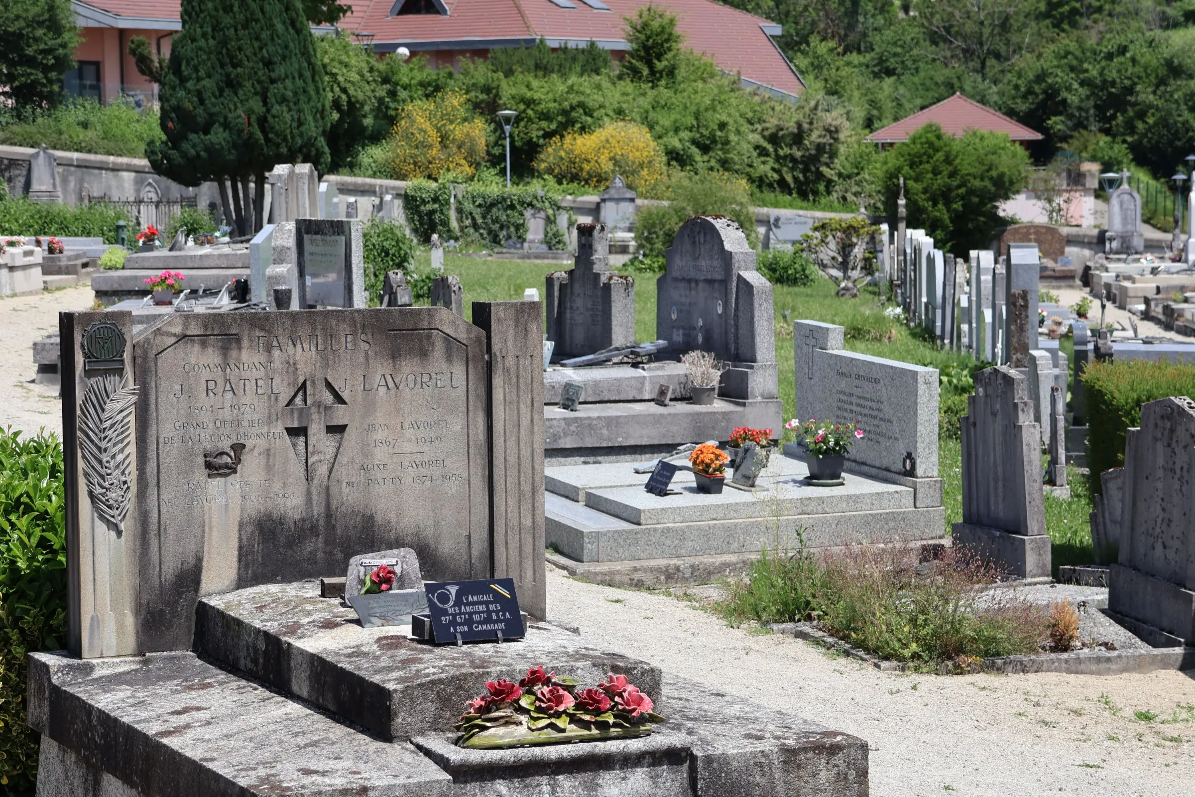 Tombeau et plan deseptière entretenus dans un cimetière, avec pierres tombales et fleurs en pot, greenery et maisons au loin. Tombeau et plan deseptière entretenus dans un cimetière, avec pierres tombales et fleurs en pot, greenery et maisons au loin.