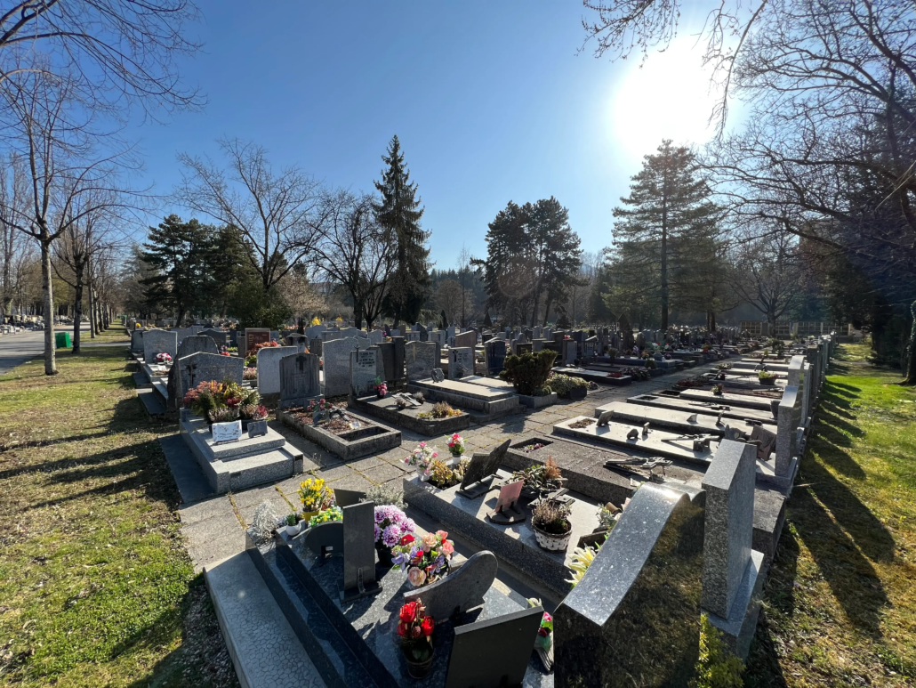 Vue d’un cimetière avec de nombreuses tombes alignées, fleurs et monuments funéraires sous un ciel clair.