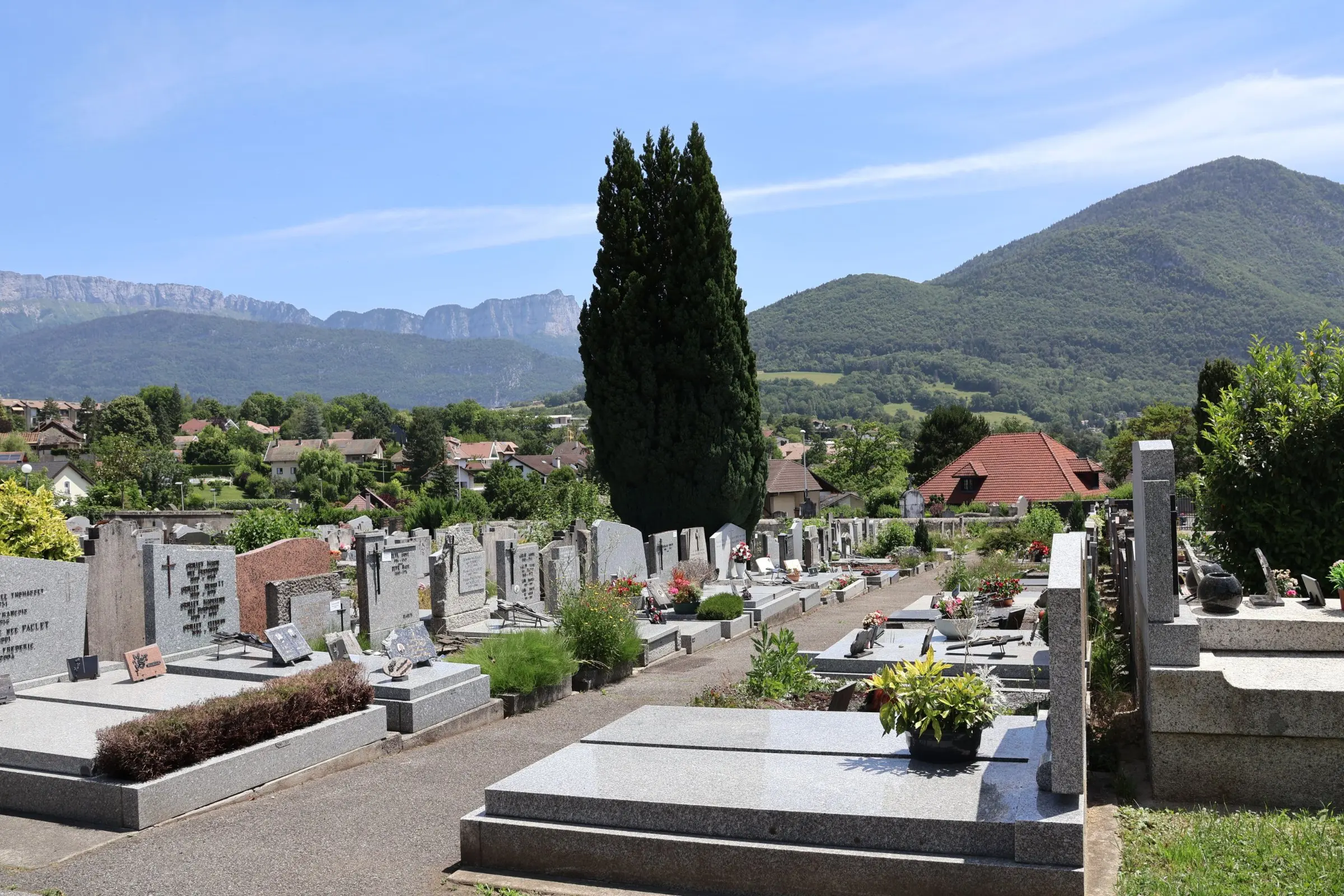 Vue d’un cimetière avec des pierres tombales et des monuments, entouré de verdure et de montagnes en arrière-plan. Un arbre sombre se dresse au centre. Vue d’un cimetière avec des pierres tombales et des monuments, entouré de verdure et de montagnes en arrière-plan. Un arbre sombre se dresse au centre.