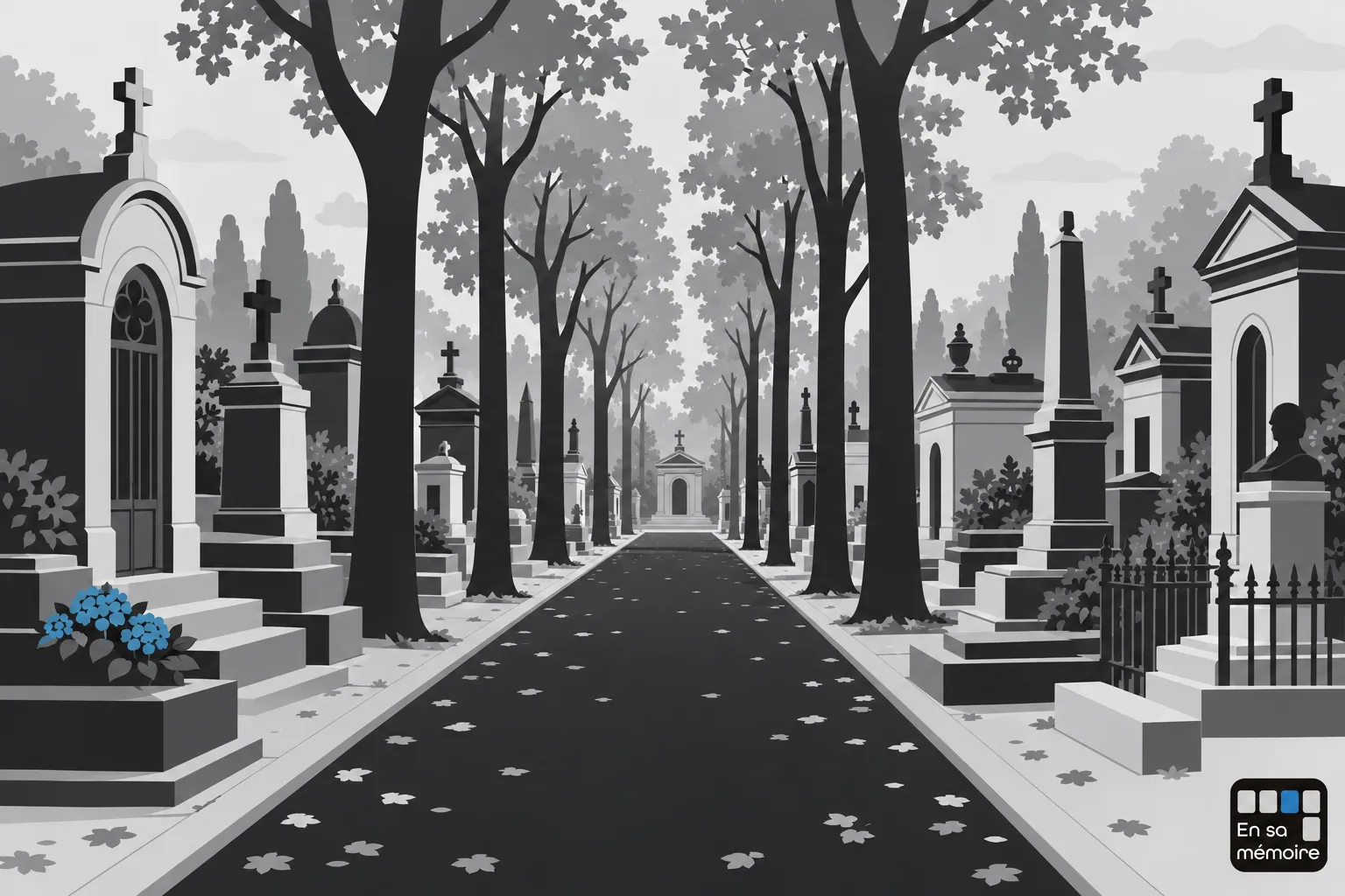 Allée centrale d’un cimetière bordée de tombes et de monuments, arbres nus et feuilles sur le chemin.