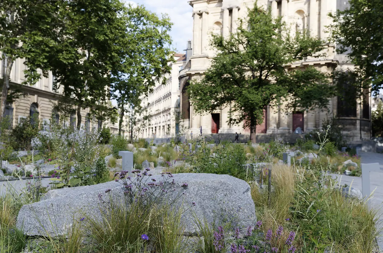 Allée du cimetière urbain avec des tombes et pierres tombales entourées de végétation, herbes et lavandes; arbres et bâtiments historiques en arrière-plan. Allée du cimetière urbain avec des tombes et pierres tombales entourées de végétation, herbes et lavandes; arbres et bâtiments historiques en arrière-plan.