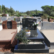 Allée de tombes gravées et tombes en pierrePolitiques de service funéraire avec fleurs fraîches et décorations sur les monuments funéraires dans un cimetière ensoleillé. Mot-clé intégré: entretien tombe (mentionné comme activité liée).