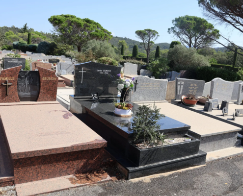 Allées et tombes en pierre dans un cimetière, avec des monuments variés et une végétation en arrière-plan. Altération possible par stations de pierre sombre et gravures, thème de pierre tombale entretien conseils.