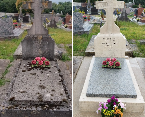 Alt : Vol de fleurs dans un cimetière : avant/après nettoyage et remise en état d’une tombe avec crosses et fleurs fraîches.