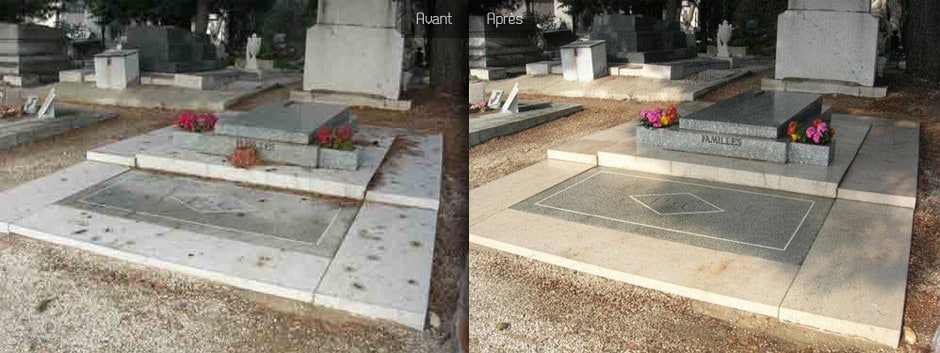 Avant et après nettoyage ou entretien d'une tombe avec de nouvelles fleurs sur le tombeau.