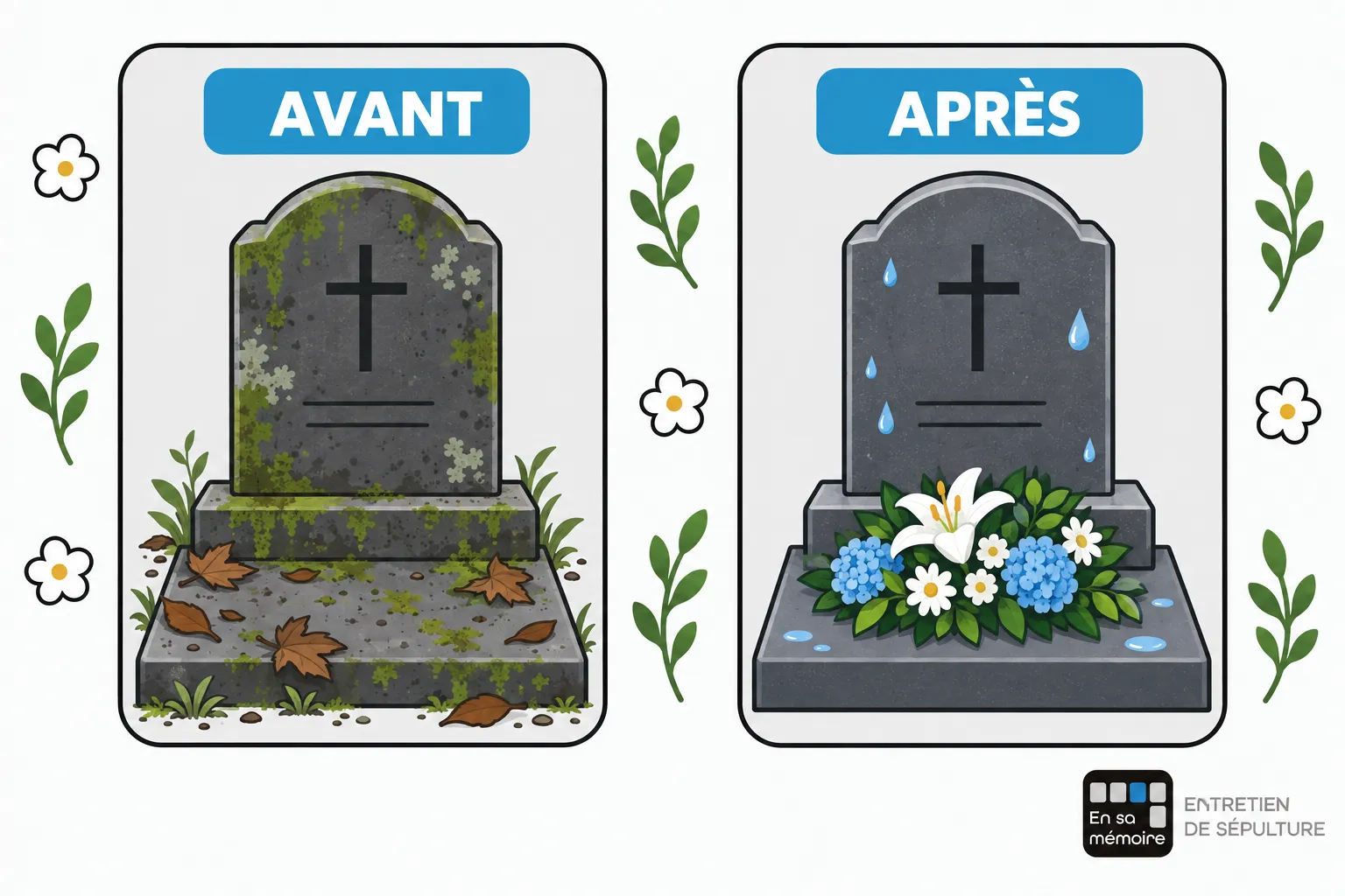 Avant et après : une tombe avec une plaque gravée, montrant des feuilles et mousse avant et des fleurs fraîches après la