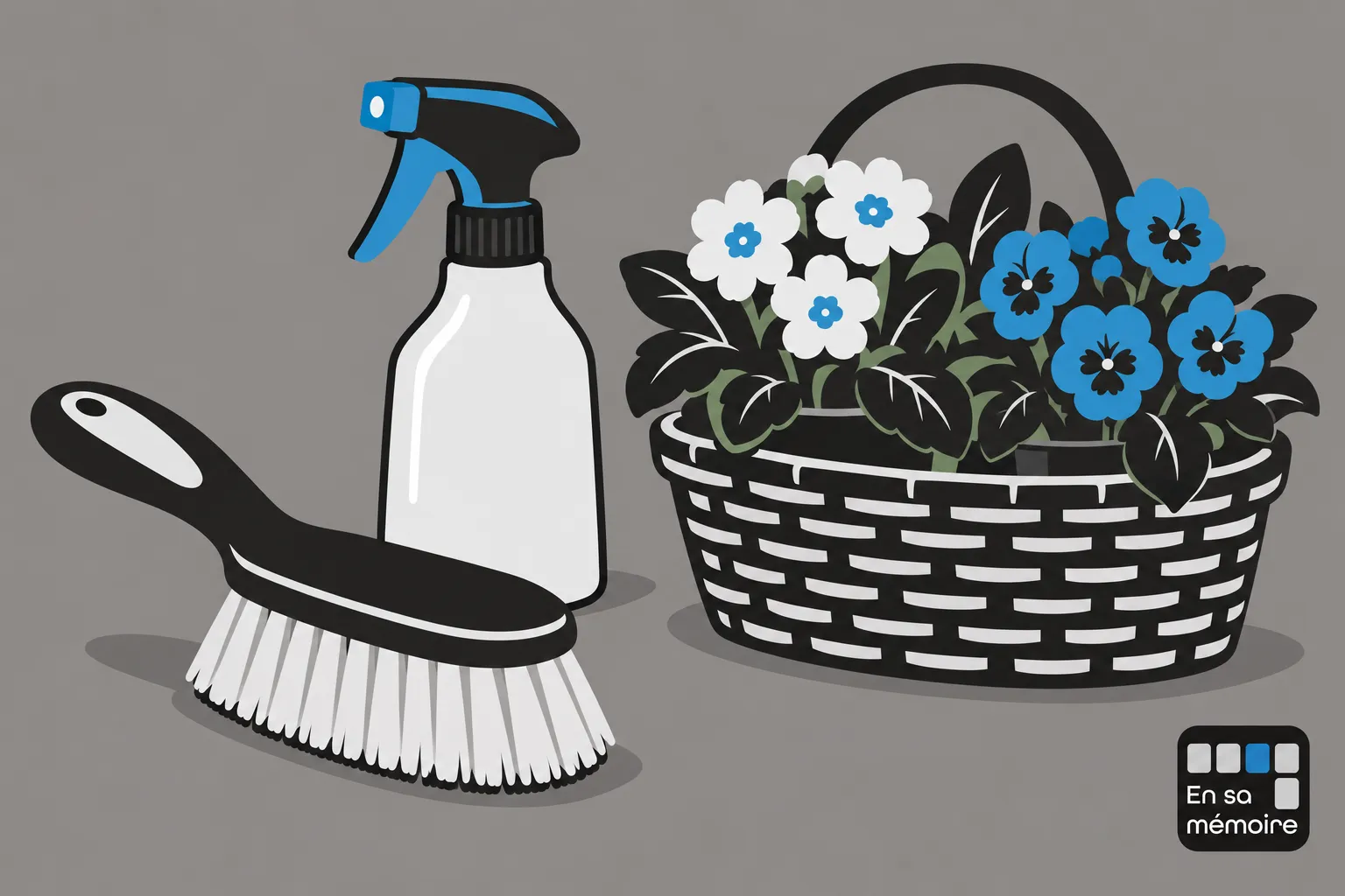 Un balai et un spray de nettoyage à côté d’un panier de fleurs en pot.