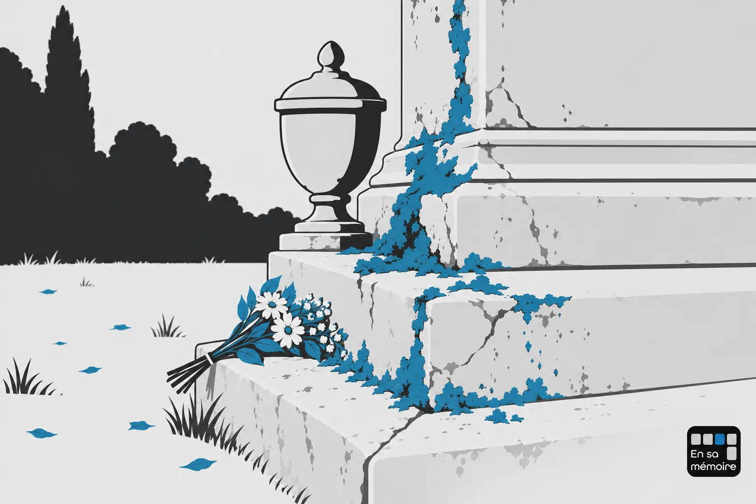 Bouquet de fleurs posé sur une marche d’un monument funéraire griot avec des échappées bleues décoratives.