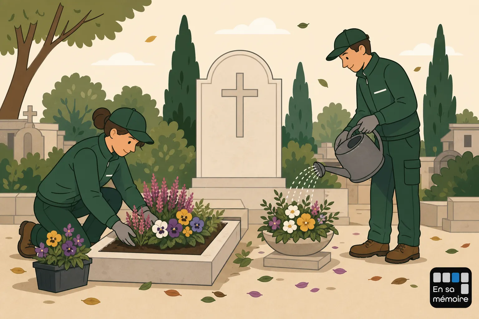 Deux pompiers floraux entretiennent des fleurs près d'une tombe au cimetière, avec arrosoir et pot de fleurs, pour un fleurissement occasionnel sépulture.