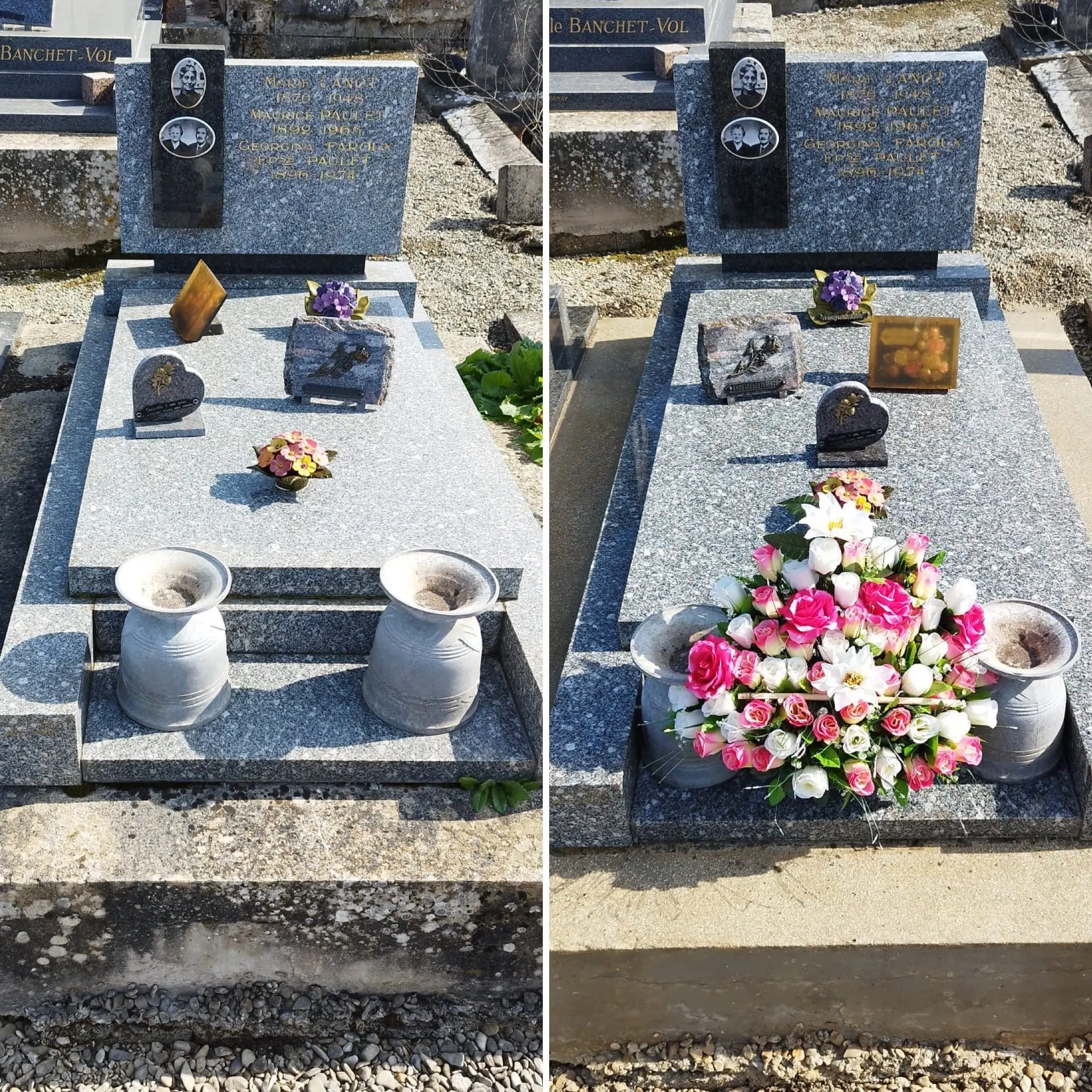 Deux tombes argentées agrémentées de bouquets et de symboles: vases et plaques surmontent une dalle, puis elles reçoivent un grand bouquet de roses et fleurs variées en guise de geste symbolique de deuil.