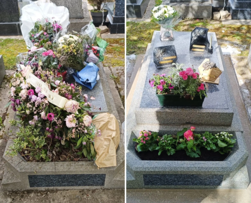 Deux tombes avant/après entretien: à gauche, fleurs fanées et bouquets abandonnés; à droite, tombe nettoyée avec bouquet frais et jardinières de plantes.