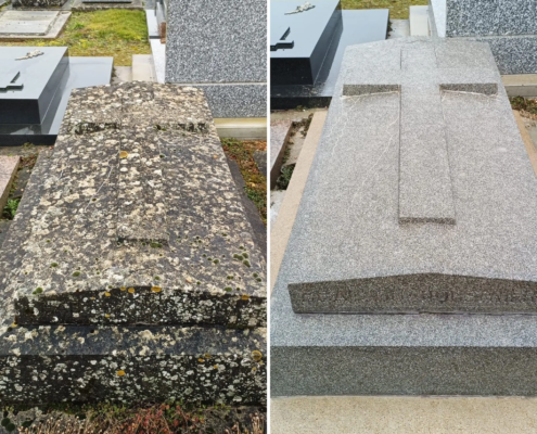 Deux tombes avant/après nettoyage : pierre recouverte de mousse et de lichens sur la gauche, surface rénovée et nette sur la droite. Meilleurs services nettoyage tombes, entretien et fleurissement.