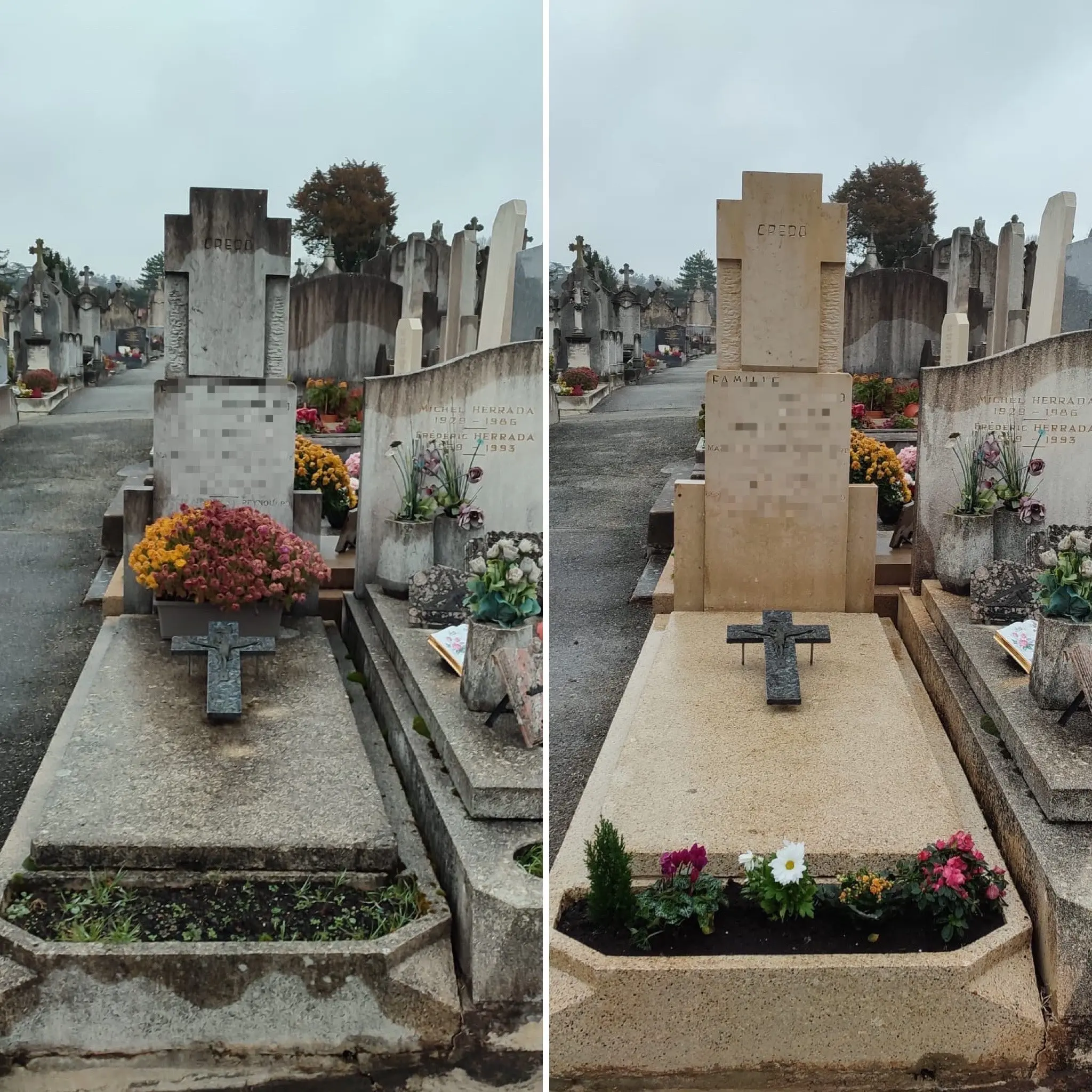 Deux tombes dans un cimetière: avant/grosplan avec chapiteau et fleurs, compare le nettoyage et le fleurissement.
