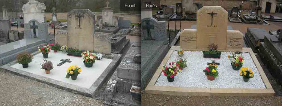 Deux tombes dans un cimetière, chacune entourée de petits pots de fleurs colorées.