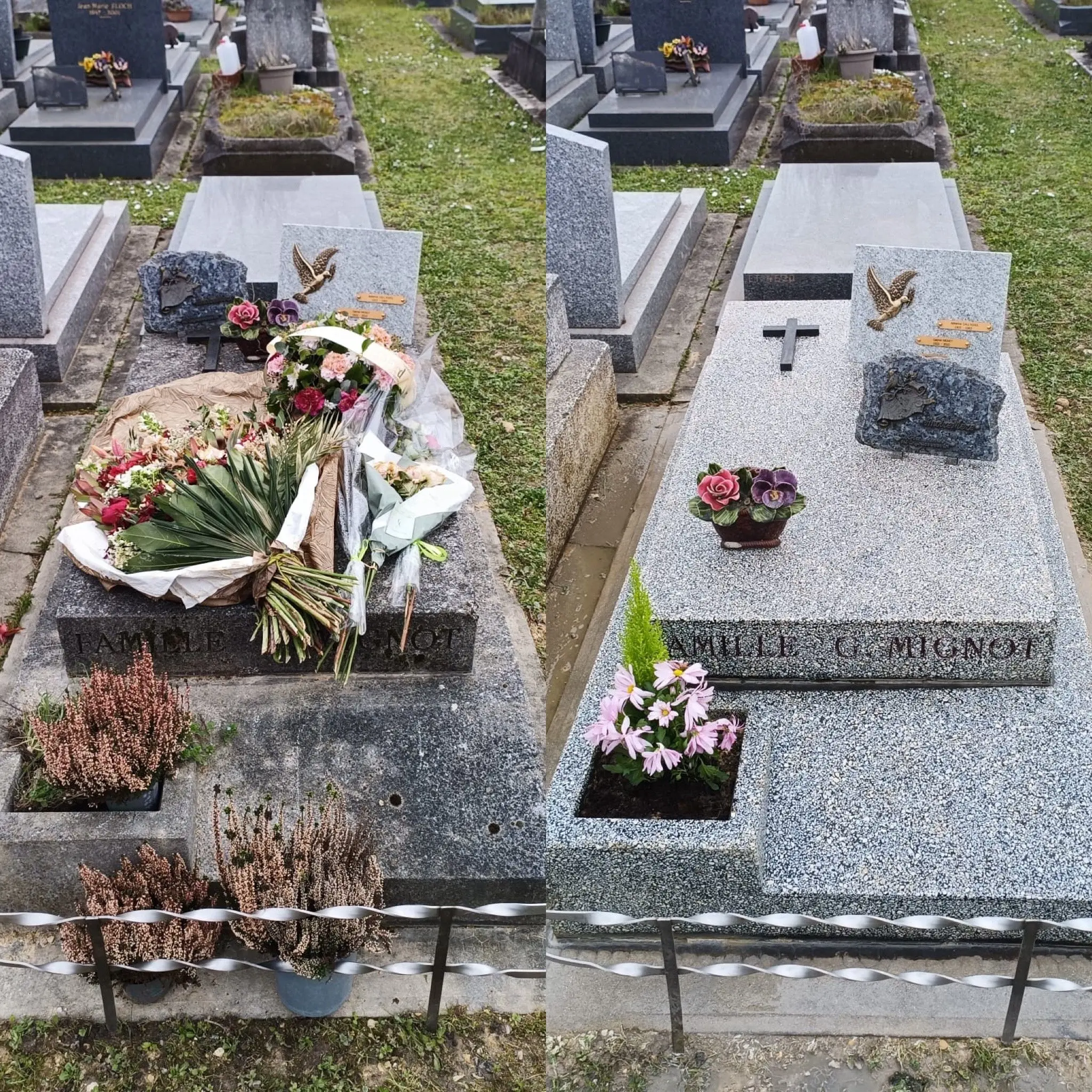 Deux tombes au cimetière décorées de bouquets et fleurs; l’une avec un grand bouquet posé sur la pierre, l’autre avec des petites fleurs et une urne gravée. Deux tombes au cimetière décorées de bouquets et fleurs; l’une avec un grand bouquet posé sur la pierre, l’autre avec des petites fleurs et une urne gravée.