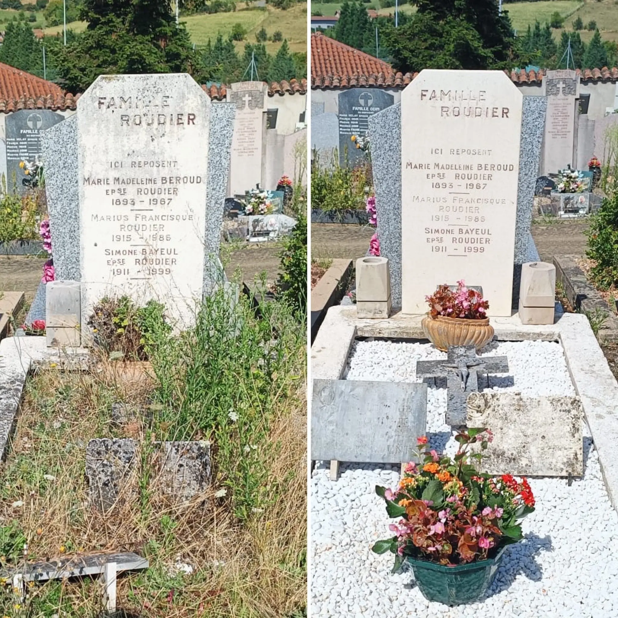 Deux tombes familiales rénovées : avant (gazon et herbes haute) à gauche et après (pierre grise et fleurs) à droite, avec jardinières et bouquet coloré en bas.
