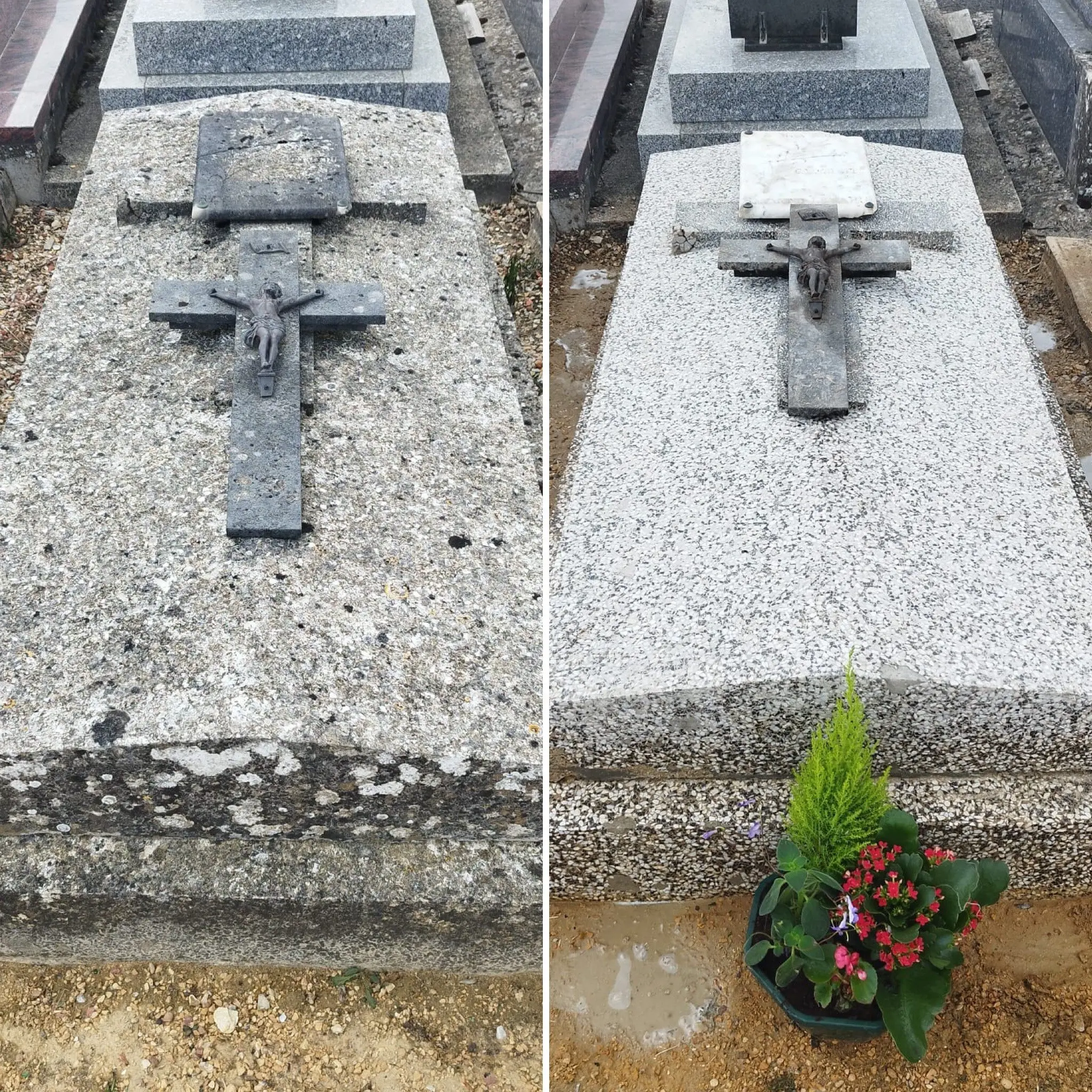 Deux tombes en pierre grise avant/après nettoyage: croix métallique et plaque au sommet; côté gauche aspect météorique et sali, côté droit surface plus claire et fleur fraîche plantée à leurs pieds. Deux tombes en pierre grise avant/après nettoyage: croix métallique et plaque au sommet; côté gauche aspect météorique et sali, côté droit surface plus claire et fleur fraîche plantée à leurs pieds.