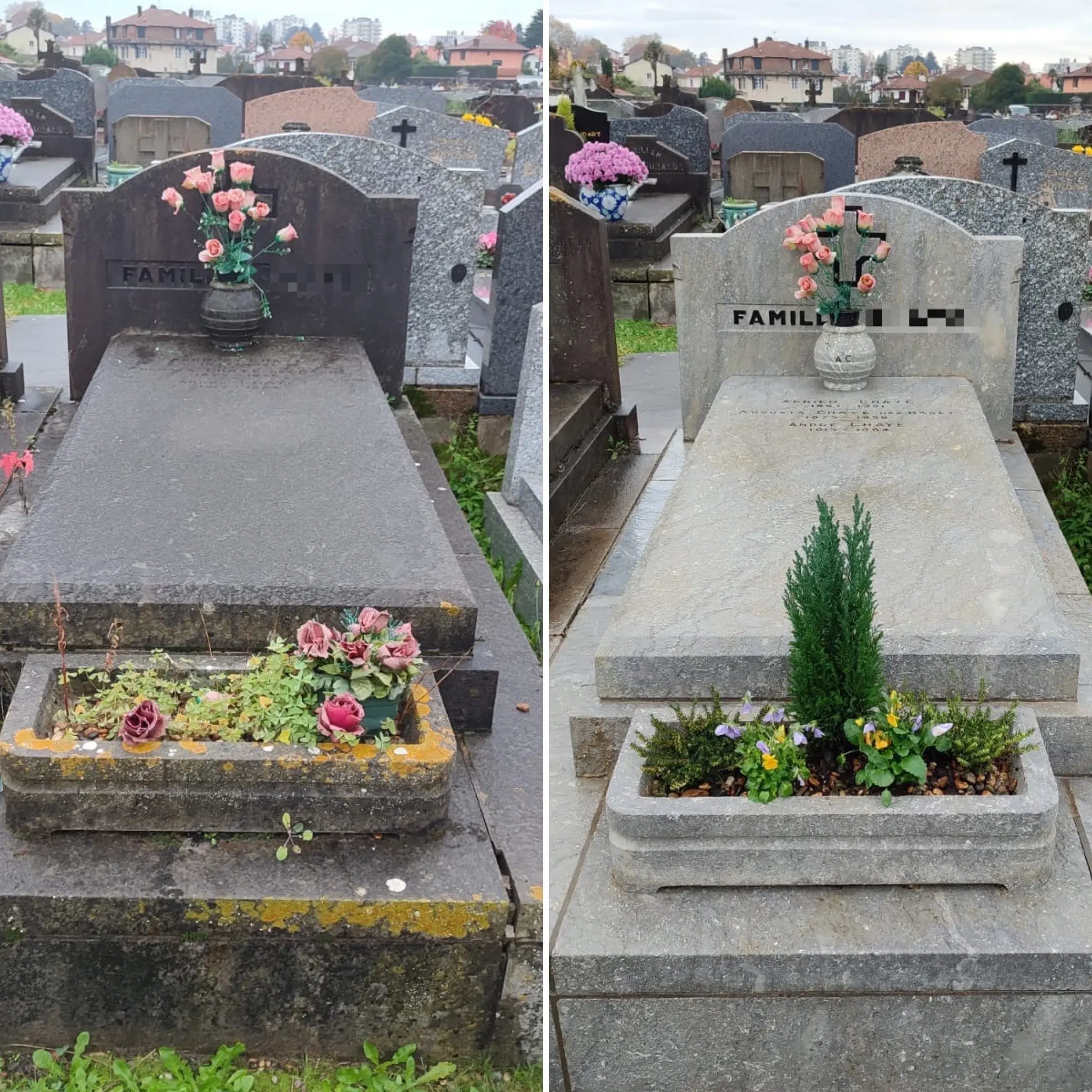 Deux tombes voisines avec des arrangements floraux sur le socle et un petit jardinnettes en bas, l’un fleuri de roses et de