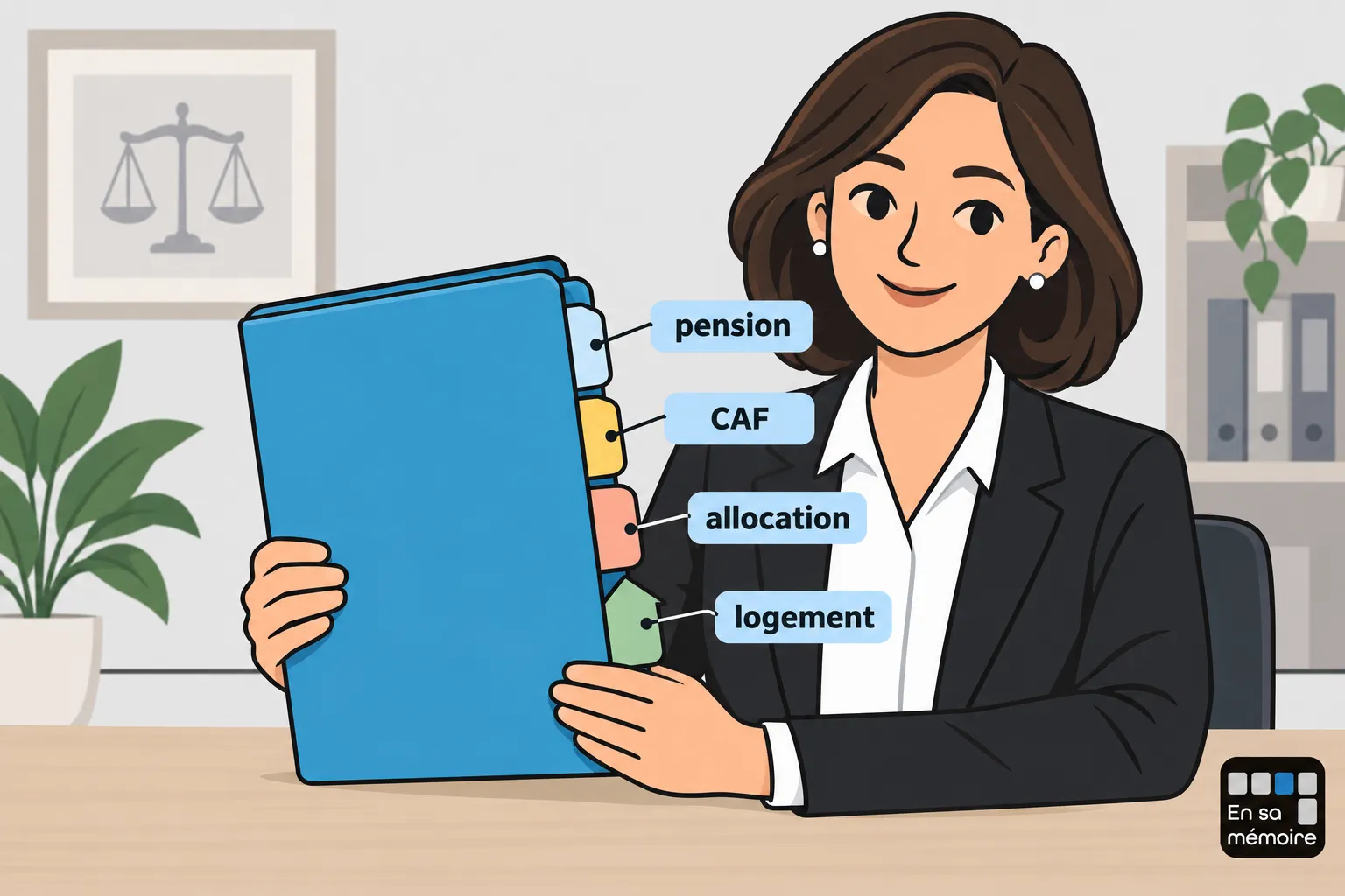 Une femme assise à un bureau tient un grand classeur bleu avec des onglets colorés: pension, CAF, allocation et logement.