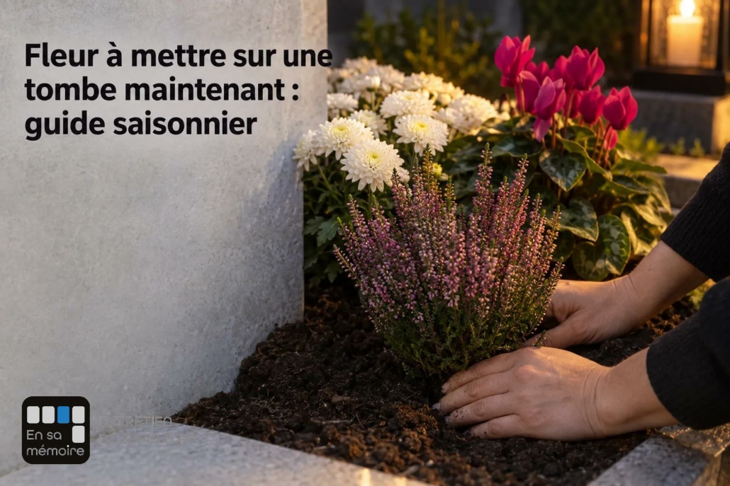 Fleur à mettre sur une tombe maintenant : guide saisonnier avec main plantant des fleurs blanches et roses près d’une tombe.
