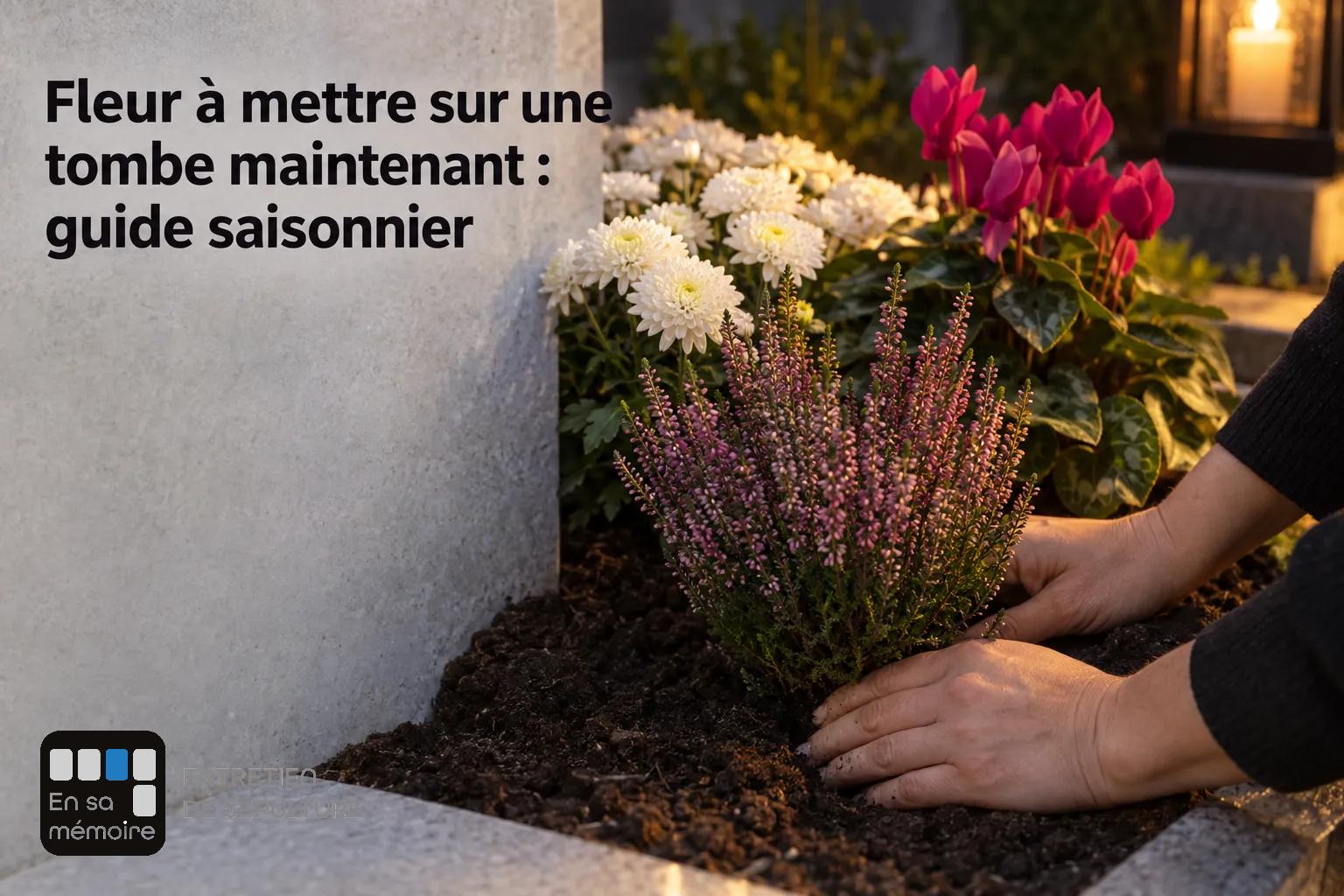 Fleur à mettre sur une tombe maintenant : guide saisonnier avec main plantant des fleurs blanches et roses près d’une tombe.