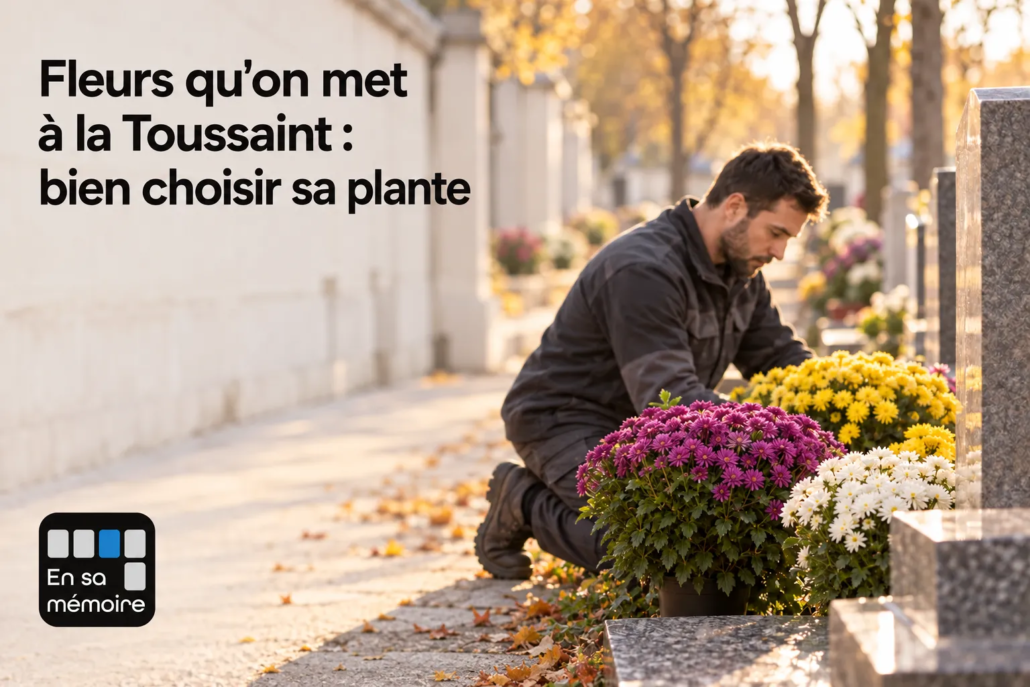Fleurs qu’on met à la Toussaint : deux jardiniers arrangent des chrysanthèmes et autres fleurs sur une tombe.