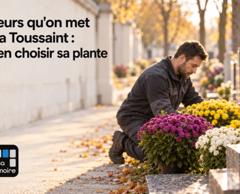 Fleurs qu’on met à la Toussaint : deux jardiniers arrangent des chrysanthèmes et autres fleurs sur une tombe.