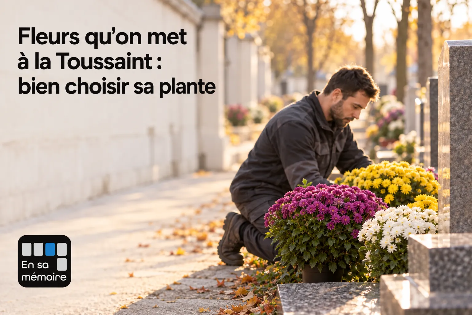 Fleurs qu’on met à la Toussaint : deux jardiniers arrangent des chrysanthèmes et autres fleurs sur une tombe.