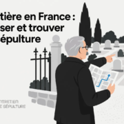 Illustration d’un homme âgé, vêtu de noir, qui consulte une carte et montre du doigt des tombes dans un cimetière entouré de