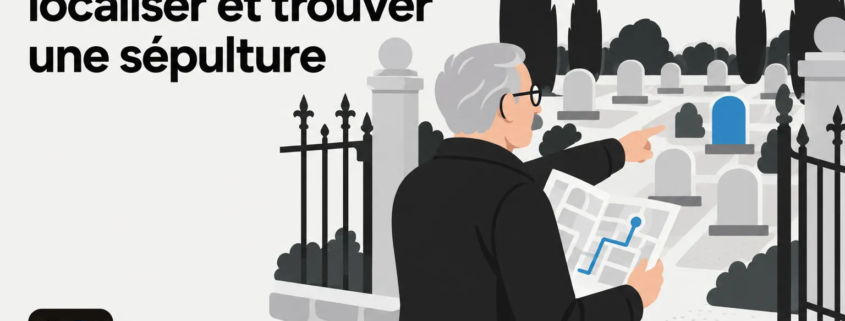 Illustration d’un homme âgé, vêtu de noir, qui consulte une carte et montre du doigt des tombes dans un cimetière entouré de