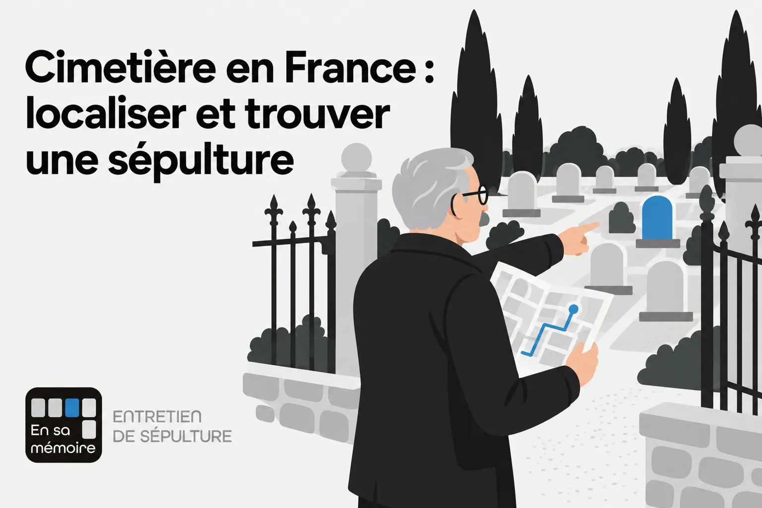 Illustration d’un homme âgé, vêtu de noir, qui consulte une carte et montre du doigt des tombes dans un cimetière entouré de