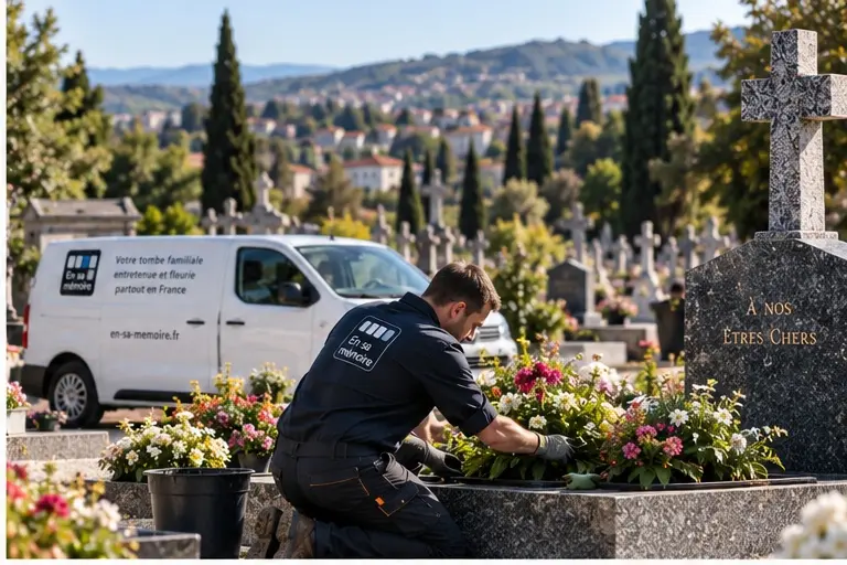 Nettoyage et fleurissement d’une tombe par un salarié en uniforme, près d’un mausolée fleuri, avec un véhicule d’intervention en arrière-plan. Nettoyage et fleurissement d’une tombe par un salarié en uniforme, près d’un mausolée fleuri, avec un véhicule d’intervention en arrière-plan.