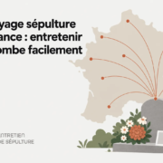 Nettoyage sépulture à distance : tombe fleurie et pierres tombales avec réseau de localisation sur une carte de France.