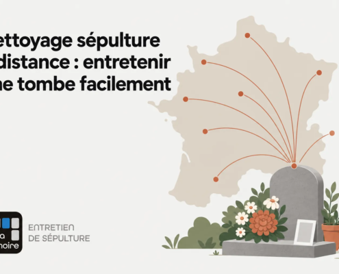 Nettoyage sépulture à distance : tombe fleurie et pierres tombales avec réseau de localisation sur une carte de France.