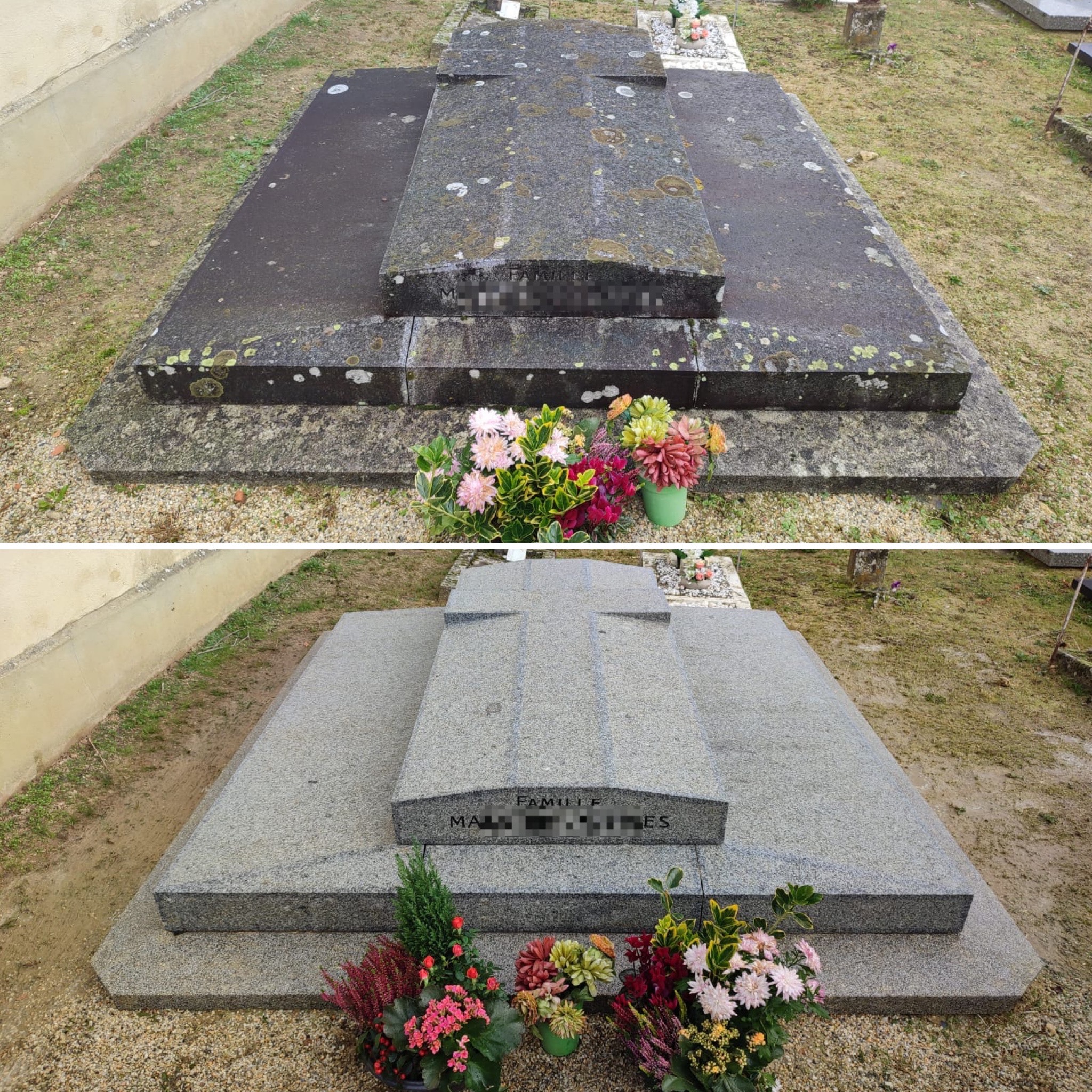 Nettoyage de tombe avant/après : pierre tombale noire et usée transformée en surface claire et lisse après entretien, avec fleurs en bas. Nettoyage de tombe tarif inclus.